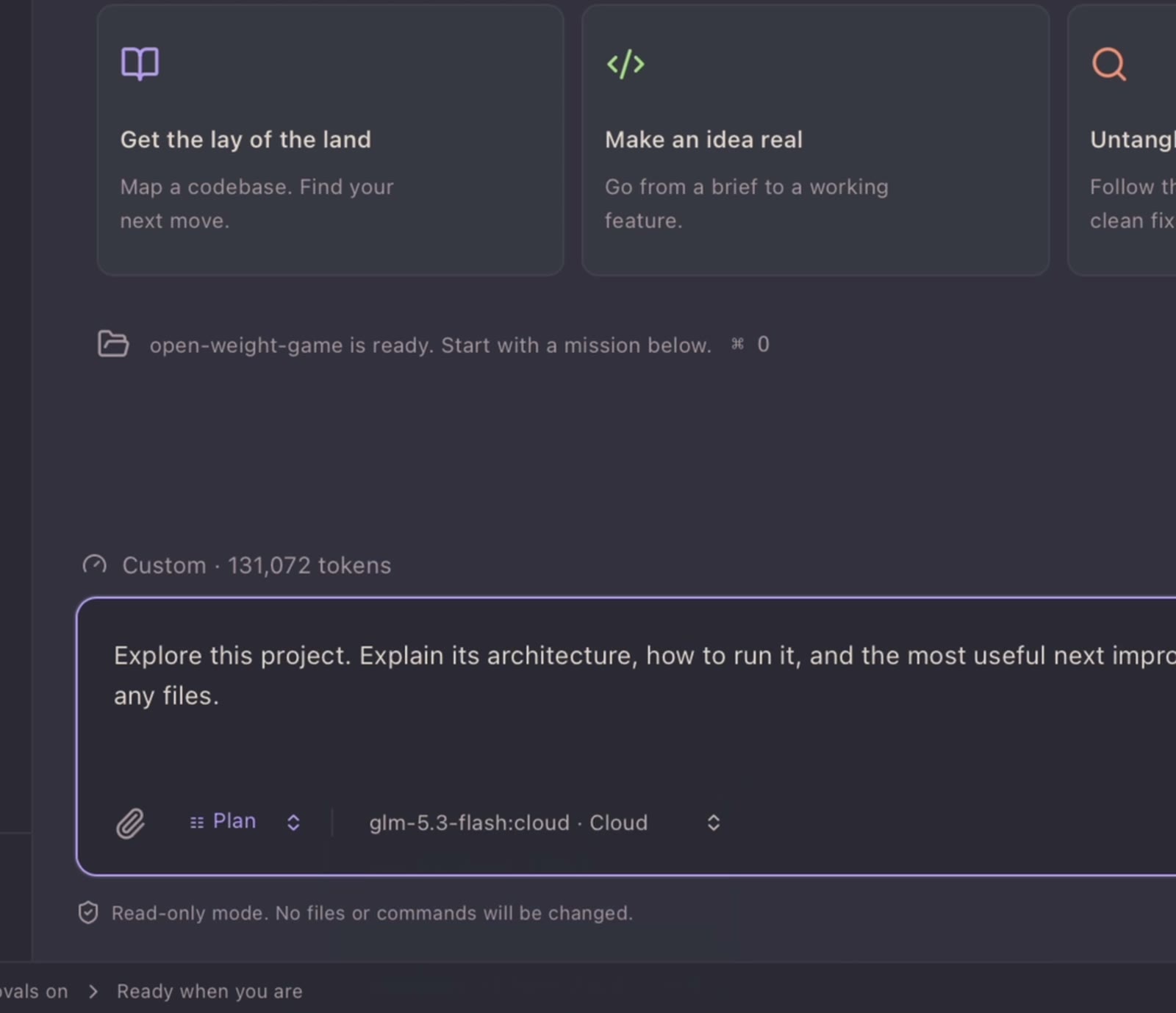 Yarn mission composer showing project context, plan mode, and an Ollama model.